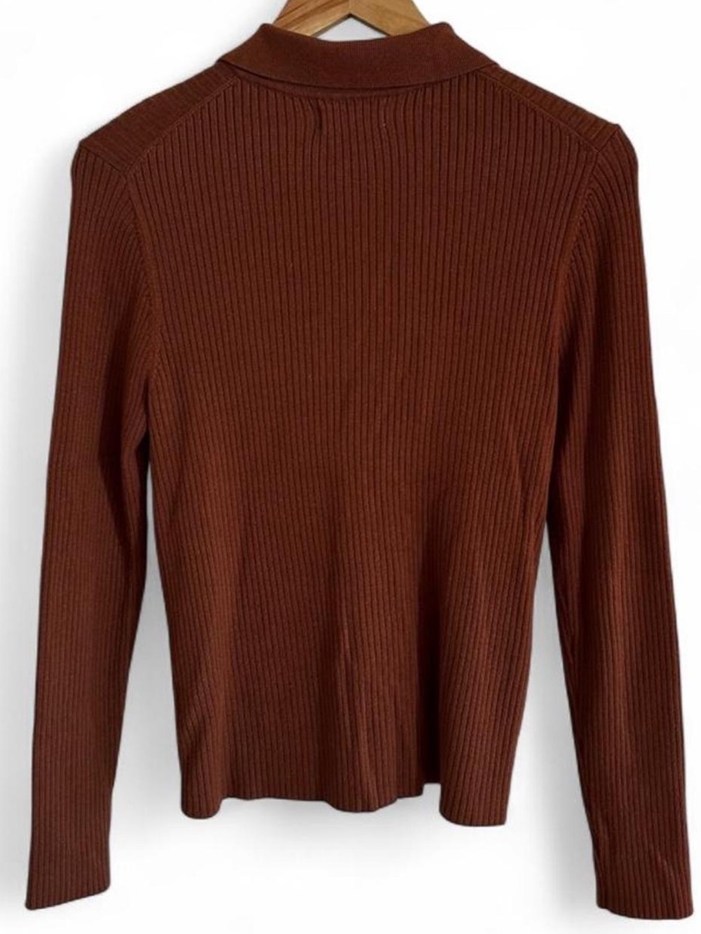 Nine West M Brown Ribbed Knit Collared Cardigan Top 90s Minimalist Y2K Neutral - Picture 3 of 8
